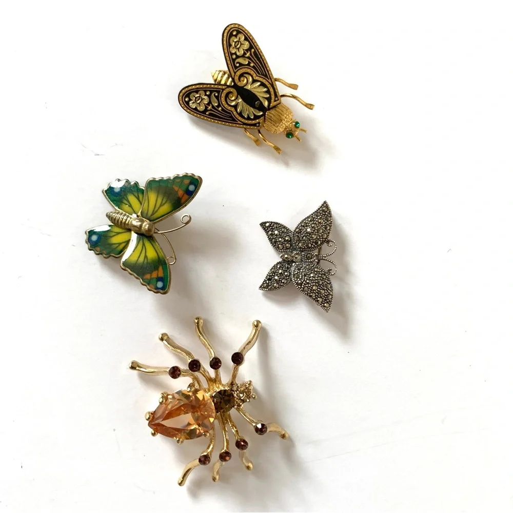 VTG Butterfly Bug Insect Pin Brooches Bundle of  4 Silver Damascene Rhinestone - Picture 2 of 11